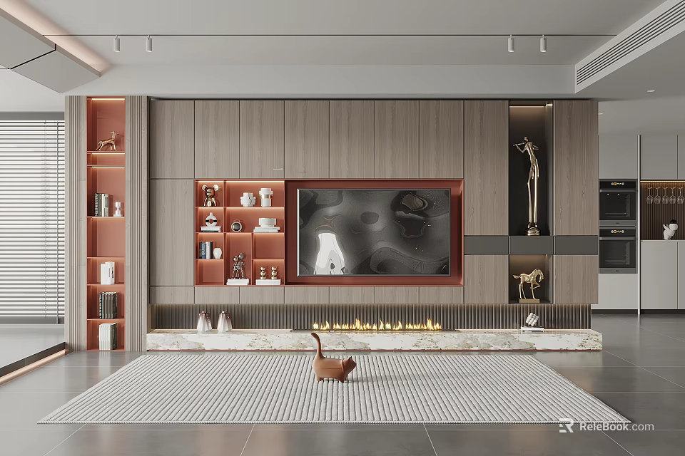 Modern Living Room TV Wall Design With Wooden Panel Fireplace And Display Shelves 3d model 