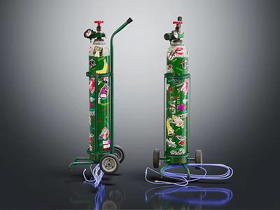 Commercial Gas Cylinder Equipment With Dual Green Decorative Patterns Wheeled Cart And Attached Wires 3d model