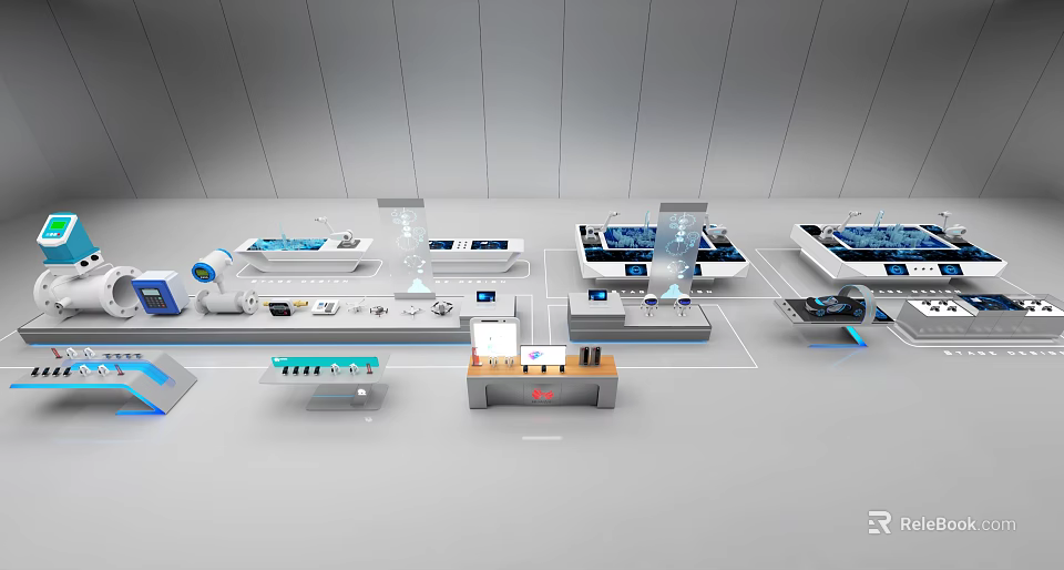 Modern Technology Exhibition Hall With Interactive Display Platforms Digital Screens And Devices 3d model 