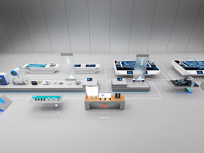 Modern Technology Exhibition Hall With Interactive Display Platforms Digital Screens And Devices 3d model
