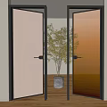 Modern Glass Swing Doors With Black Frame And Potted Plant In Interior Design
