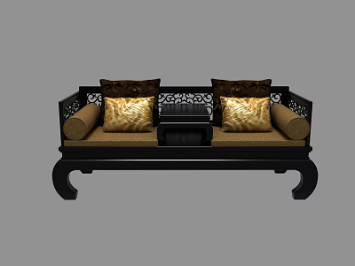 Traditional Chinese Luohan Bed with Carved Black Frame Golden Cushions and Pillows 3d model