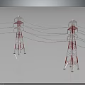 Red and White Transmission Towers With Power Lines and Reflections on Gray Background
