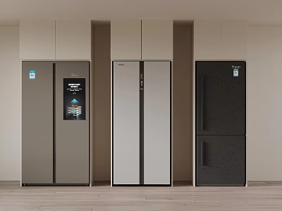 Three Modern Refrigerators Freezers With Different Designs And Color Options In Kitchen Setting 3d model