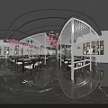 Modern Hotpot Restaurant Interior With Pink Cherry Blossom Decor Wooden Tables And Pendant Lights