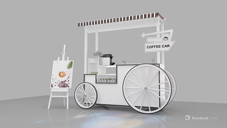 Stylish Coffee Car With Black White Striped Awning Easel And Coffee Machine 3d model 
