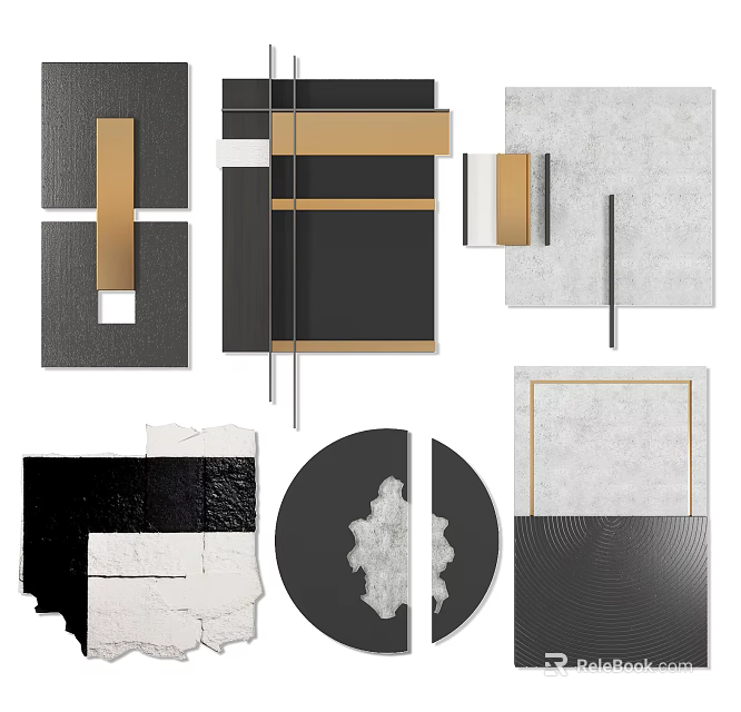 Modern Geometric Wall Decor With Black White Gray Metal Accents And Abstract Patterns 3d model 