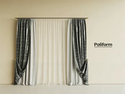 Elegant Double Layer Curtains with Dark Patterned Panels White Sheer and Poliform Metal Rod 3d model