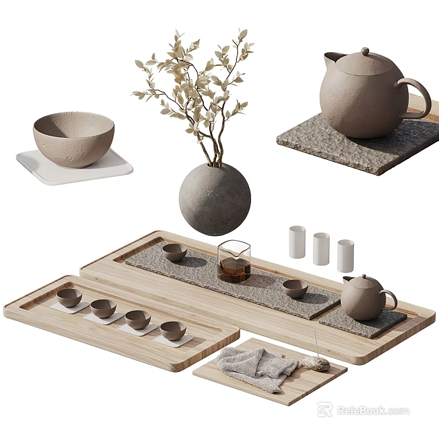 Elegant Tea Set With Wooden Tray Ceramic Teapot And Small Cups 3d model 