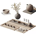 Elegant Tea Set With Wooden Tray Ceramic Teapot And Small Cups