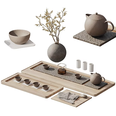 Elegant Tea Set With Wooden Tray Ceramic Teapot And Small Cups 3d model