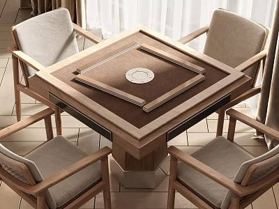 Wooden Entertainment Table With Square Top Round Center And Four Matching Chairs 3d model