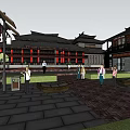 Traditional Chinese Commercial Street with Red Wooden Architecture Curved Eaves and Pedestrians in Open Plaza