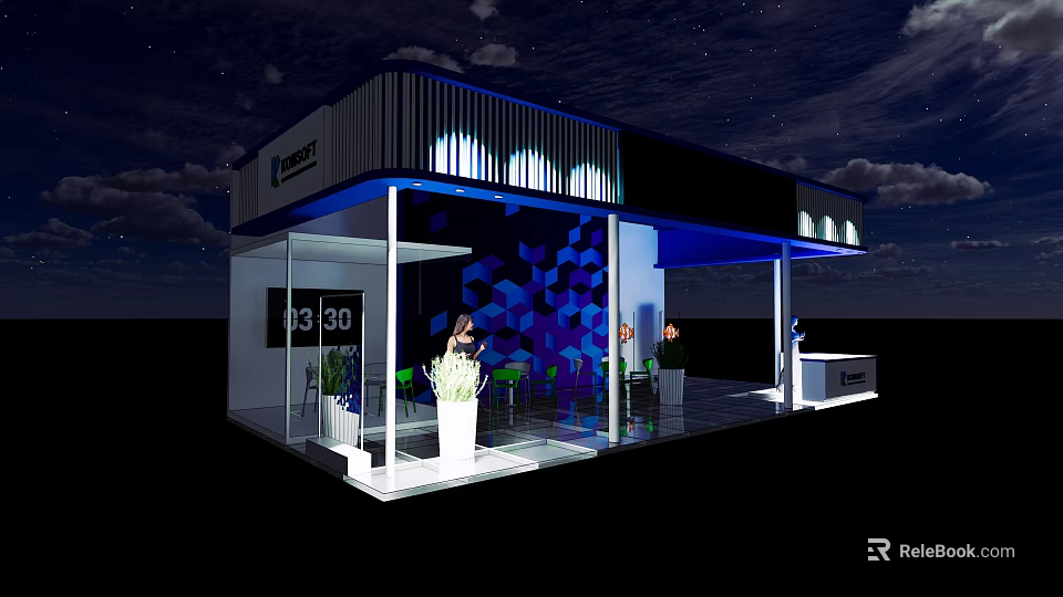 Modern Exhibition Booth With Glass Structure Geometric Pattern Backdrop And Lighting Effects 3d model