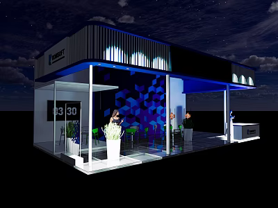 Modern Exhibition Booth With Glass Structure Geometric Pattern Backdrop And Lighting Effects 3d model