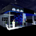 Modern Exhibition Booth With Glass Structure Geometric Pattern Backdrop And Lighting Effects 3d model