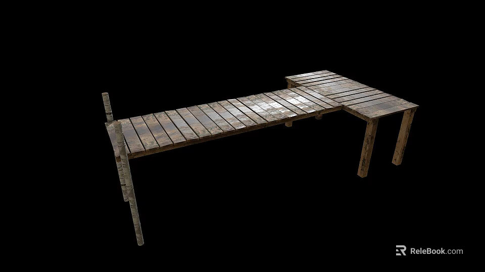 Rustic Wooden Bench With Plank Top And Simple Wooden Legs Structure 3d model 