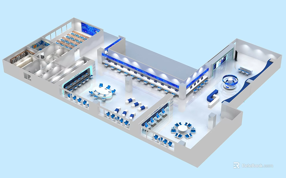 Modern Service Hall Interior Layout With Service Counters And Waiting Area 3d model