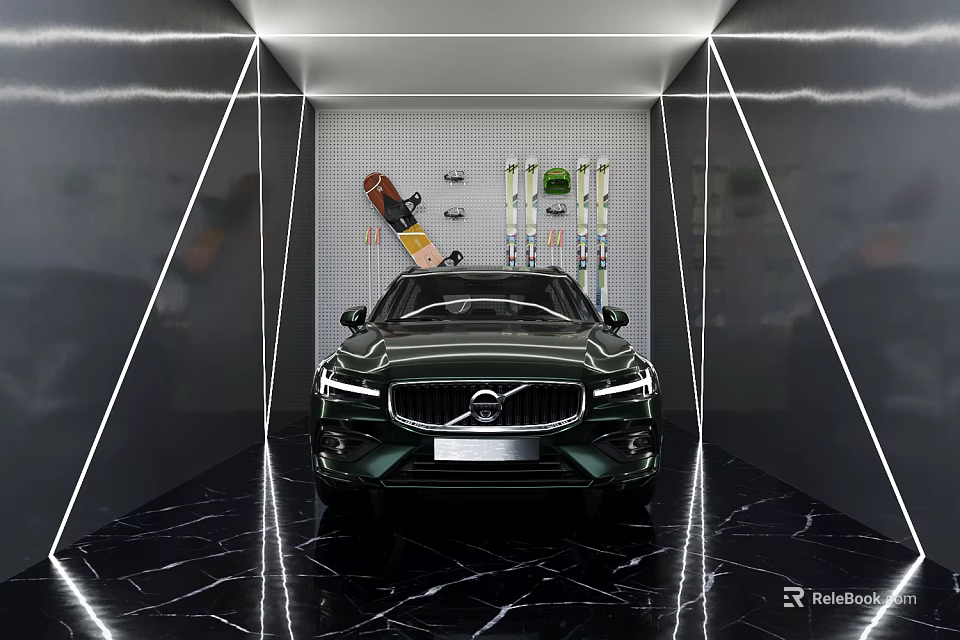Green Sleek Car Displayed In Modern Showroom With Black Marble Floor And Wall Mounted Tools 3d model 
