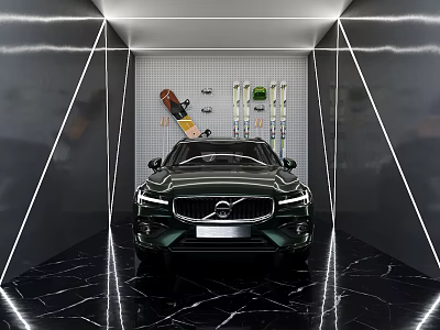 Green Sleek Car Displayed In Modern Showroom With Black Marble Floor And Wall Mounted Tools 3d model