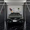 Green Sleek Car Displayed In Modern Showroom With Black Marble Floor And Wall Mounted Tools