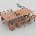 Wooden Rectangular Dining Table Set With Six Chairs Oranges Vase And Stump Stools 3d model