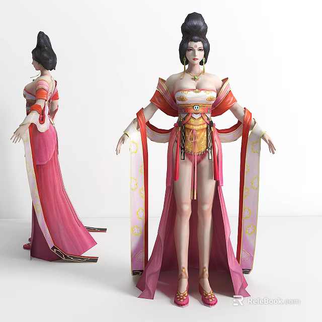 Ancient Traditional Female Character In Pink Red Flowing Robe With Wide Sleeves And Gold Waist Decorations 3d model 