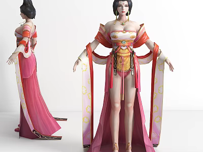 Ancient Traditional Female Character In Pink Red Flowing Robe With Wide Sleeves And Gold Waist Decorations 3d model