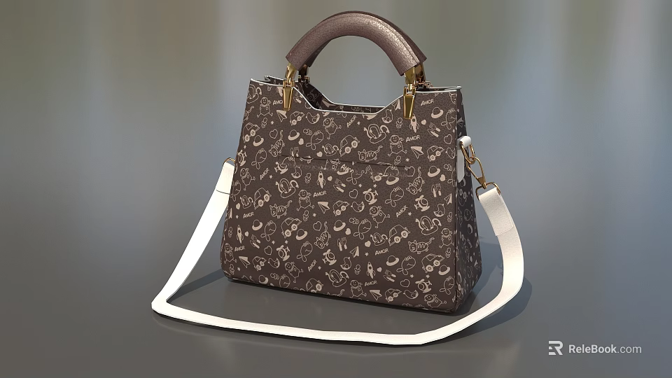 Dark Brown Leather Handbag With Golden Hardware White Pattern And Removable Shoulder Strap 3d model 