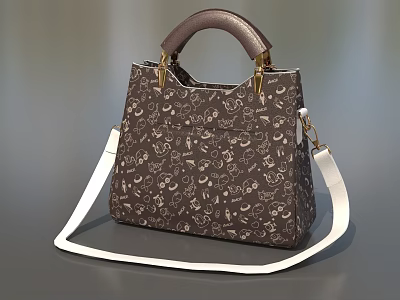 Dark Brown Leather Handbag With Golden Hardware White Pattern And Removable Shoulder Strap 3d model