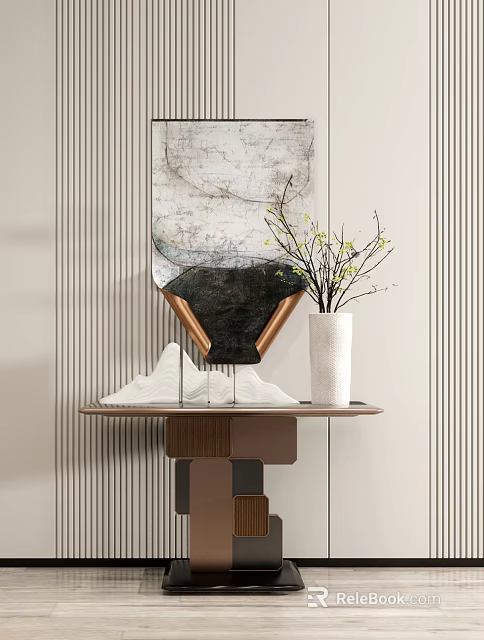 Modern Minimalist Console Table Design With Vase Twigs Artwork And Striped Wall Decor 3d model