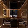 Japanese Restaurant Interior With Red Ceiling White Pendant Lights Round Lotus Painting And Lattice Walls
