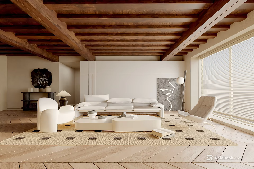 Modern Natural Living Room Interior With Wooden Ceiling Beams White Sofa Armchair And Patterned Rug 3d model 