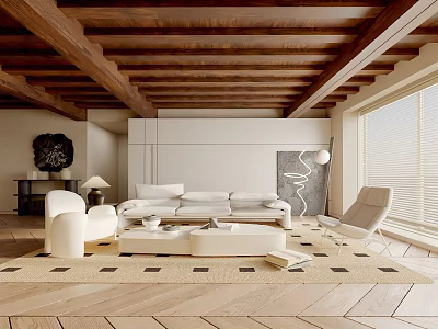 Modern Natural Living Room Interior With Wooden Ceiling Beams White Sofa Armchair And Patterned Rug 3d model