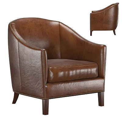 Modern Brown Leather Single Sofa With Stitching Detail And Wooden Legs 3d model