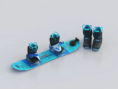 Blue Snowboard With Secure Bindings And Pair of Blue Snowboard Boots 3d model