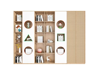 Modern Wooden Bookcase With Open Shelves Books Circular Decor And Plaid Panel Accents 3d model