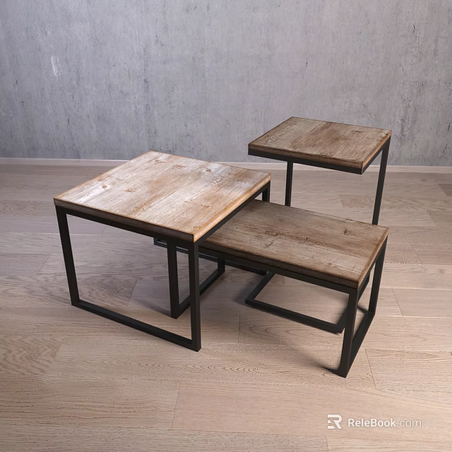 Modern Nesting Coffee Tables With Wooden Tops And Black Metal Frames Design 3d model 