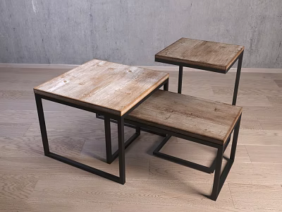 Modern Nesting Coffee Tables With Wooden Tops And Black Metal Frames Design 3d model