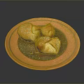 Delicious Golden Pastries on Orange Plate Topped with Powdered Sugar and Dark Background