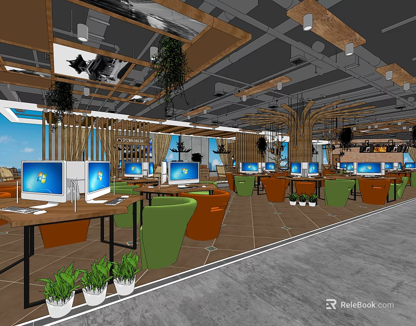 Modern Internet Cafe Interior With Computers Green Orange Chairs Wooden Tables And Plants 3d model 