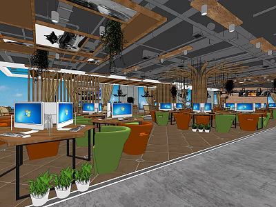 Modern Internet Cafe Interior With Computers Green Orange Chairs Wooden Tables And Plants 3d model
