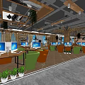 Modern Internet Cafe Interior With Computers Green Orange Chairs Wooden Tables And Plants