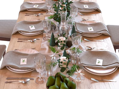 Elegant Dinnerware Set with Gray Napkins White Plates Wine Glasses and Green Plant Decorations 3d model