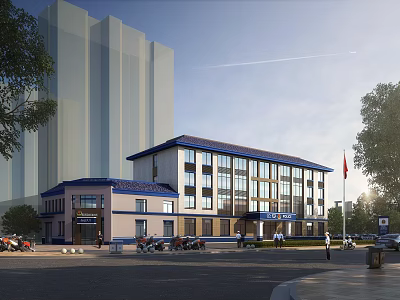 Modern Office Building With Blue White Exterior Blue Roof Trees Vehicles And Flag 3d model