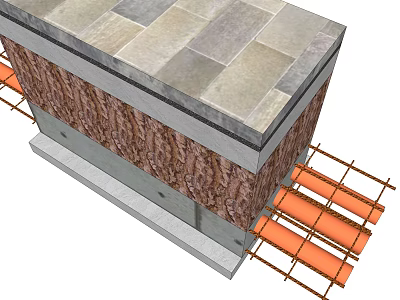 Building Structure Cross Section With Stone Slab Wooden Layer Gray Base And Orange Pipes 3d model
