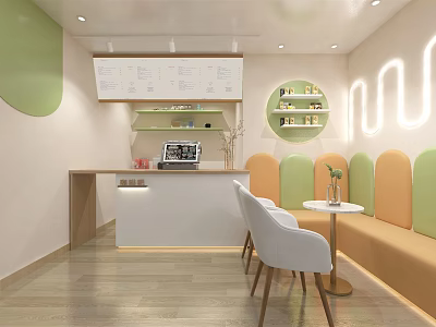 Modern Café Interior With Green Orange Seats Bar Counter Lighting And Wall Decor 3d model