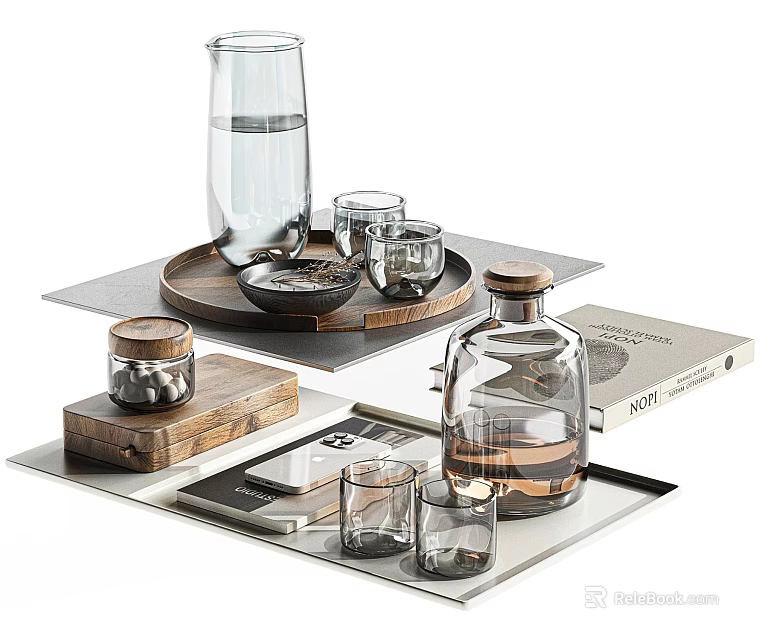 Decorative Ornament Set With Glass Bottles Cups Wooden Boxes Trays And Books For Home Decor 3d model 