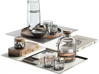 Decorative Ornament Set With Glass Bottles Cups Wooden Boxes Trays And Books For Home Decor 3d model