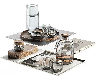 Decorative Ornament Set With Glass Bottles Cups Wooden Boxes Trays And Books For Home Decor 3d model